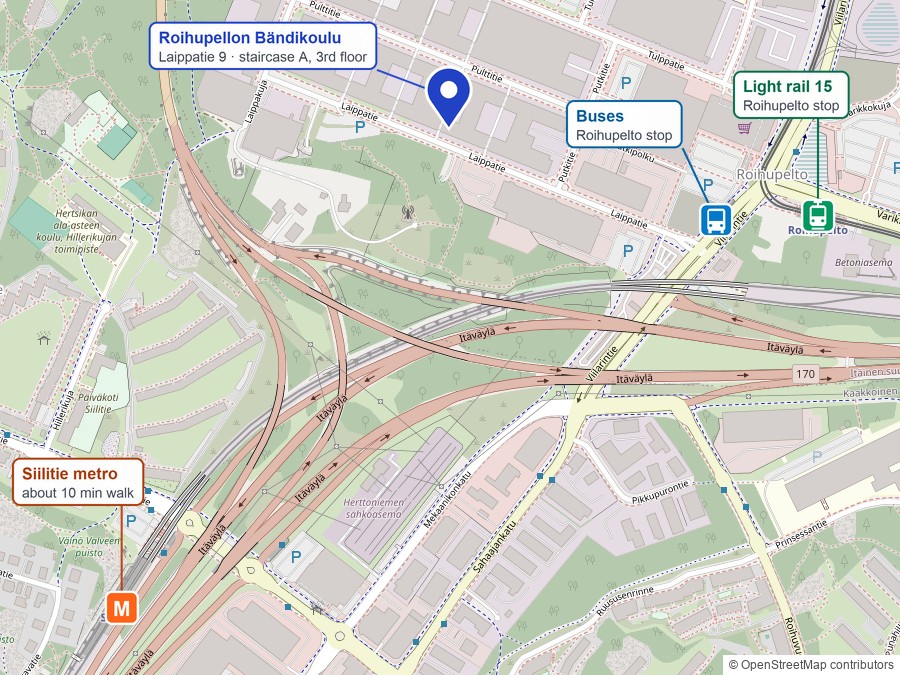 Map: Roihupellon Bändikoulu at Laippatie 9 and Siilitie metro station